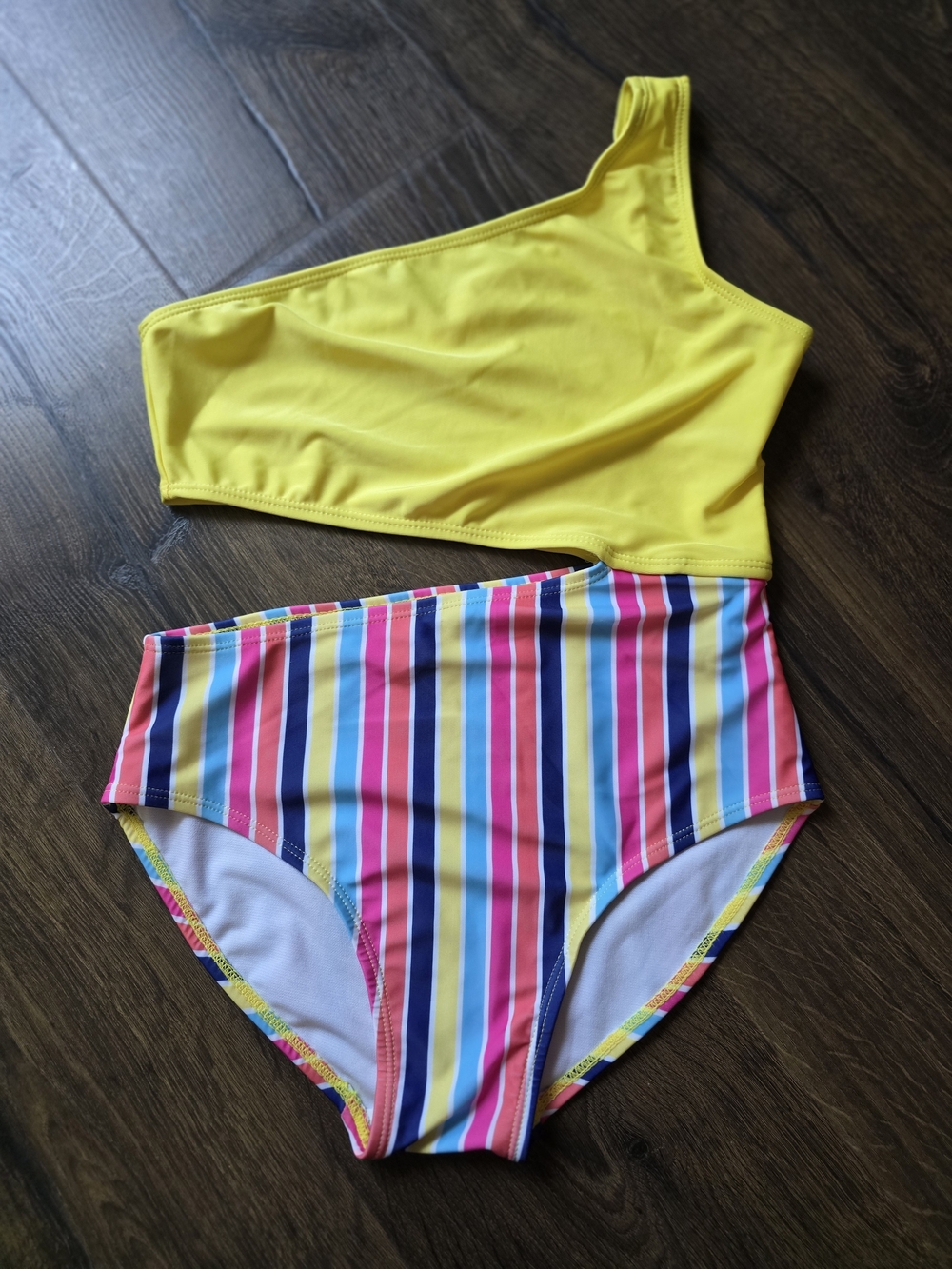 Girls' Yellow One-Shoulder Swim Set with Multi-Stripe Bottoms